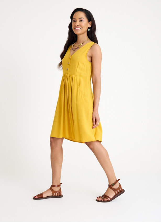 V Neck Button Detail Sleeveless Yellow Casual Dress 4578